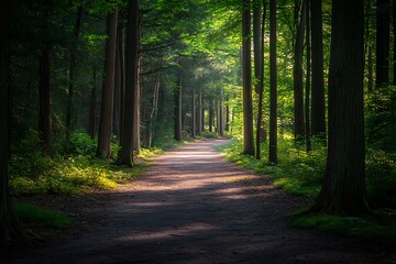 Fototapeta premium Sun rays illuminating path through dense green forest. Woodland hiking trail, peaceful nature background, forest wallpaper.