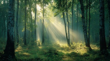 Obraz premium Sunbeams filtering through trees in a misty forest