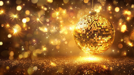Sparkling Gold Disco Ball with Glowing Bokeh Lights in the Background