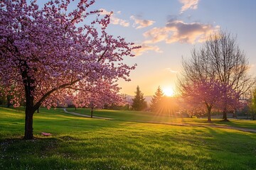 Sunset over a field with cherry blossom trees in bloom. Springtime landscape photo