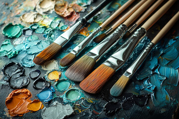 Fototapeta premium A close-up of colorful paints and brushes on an artist's palette, symbolizing art and expression.
