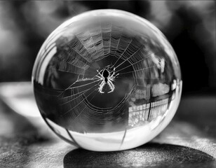 Illustration of a spider in a web inside of a translucent glass globe on a table, in black and white
