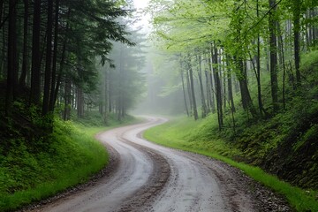 Fototapeta premium Winding dirt road through misty forest with tall trees
