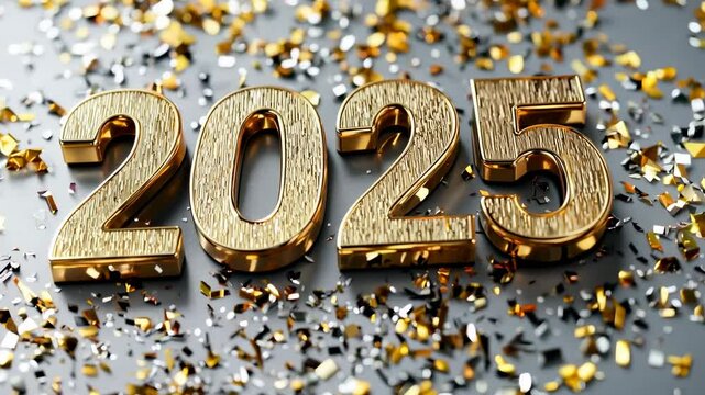 Shimmering golden numbers show the year 2025 amid a celebratory scattering of gold and silver confetti on a dark background.