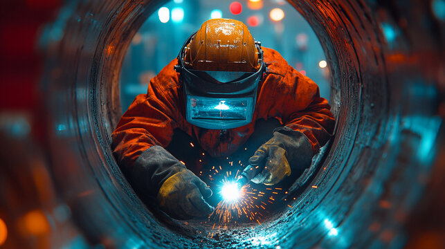 A welder who welds inside a pipe during pipeline construction. Heavy industry.