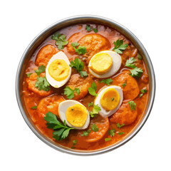top view of indian food egg curry isolated on a transparent white background