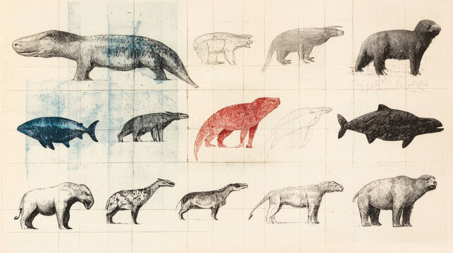 Hand drawn sketches of extinct prehistoric animals.