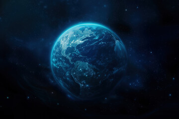 The earth emits blue light in the universe. Technology concept illustration.
