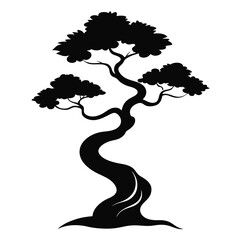 a black and white illustration of a bonsai tree. The tree is tall and slender with multiple branches and leaves 