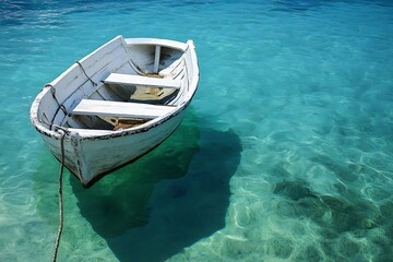 Obraz premium White rowboat moored in clear blue water, tranquil scene