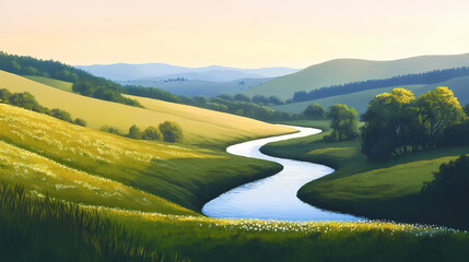 A tranquil landscape with rolling hills and a winding river, painted with soft and hazy oil brushwork. Winding River. Illustration