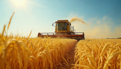 Obraz premium Combine harvester efficiently working in a sun-soaked rice field during harvest season.