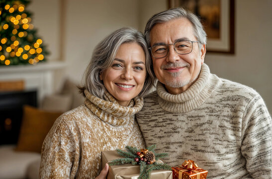 Christmas couple. Senior american people with gift. Happy mature family in love with holiday tree at home giving present. Old woman and man Xmas background. Christmas couple celebration banner