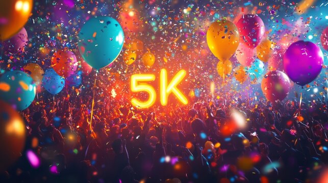5K Celebration: A vibrant crowd erupts in joyous celebration amidst a flurry of balloons and confetti, commemorating a significant milestone of 5,000 followers.  The electrifying energy is palpable.