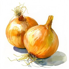 Watercolor painting of two yellow onions on a white background.