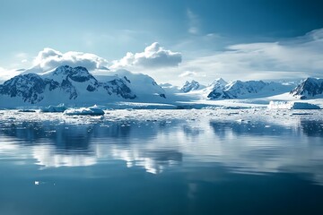 Antarctica landscape with snow covered mountains and blue water