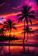 silhouetted palm trees framed stunning sunset sky radiating vibrant colors dramatic cloud patterns, clouds, horizon, nature, landscape, evening, tropical