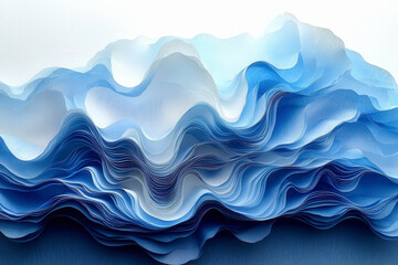 Fototapeta premium Organic twisting pattern, layered paper, blue and light white, shades and contrast. Blue abstract background with white color.