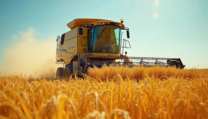 Obraz premium Combine harvester efficiently working in a sun-soaked rice field during harvest season.