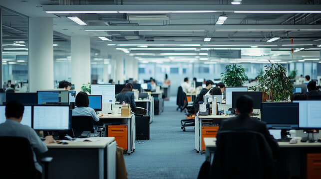 a bustling corporate office environment, viewed across a large, open floor plan. Numerous employees are seated at their desks, deeply focused on their computer screens, indicative of a typical busy wo