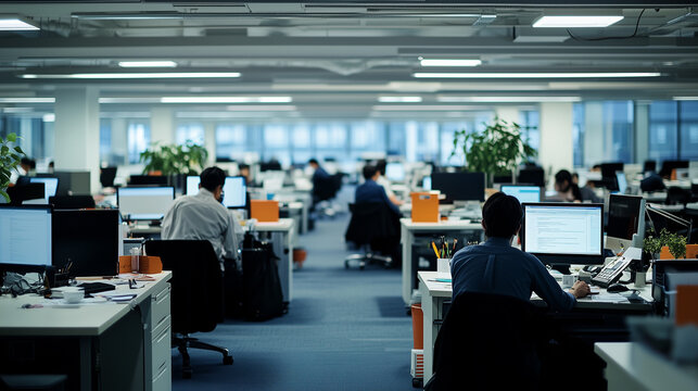 a bustling corporate office environment, viewed across a large, open floor plan. Numerous employees are seated at their desks, deeply focused on their computer screens, indicative of a typical busy wo