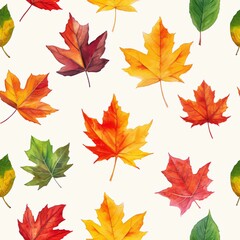 Fototapeta premium Watercolor seamless pattern of colorful autumn leaves isolated on white background.