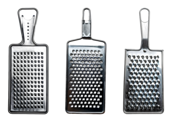 Three stainless steel graters with different sized blades isolated on a transparent background