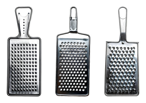 Three stainless steel graters with different sized blades isolated on a transparent background