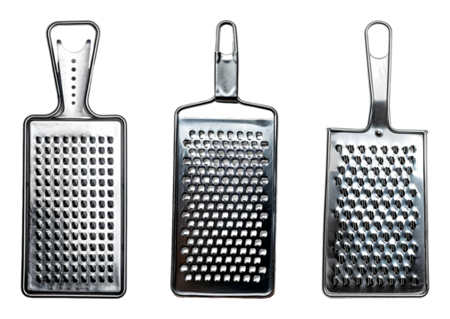 Three stainless steel graters with different sized blades isolated on a transparent background