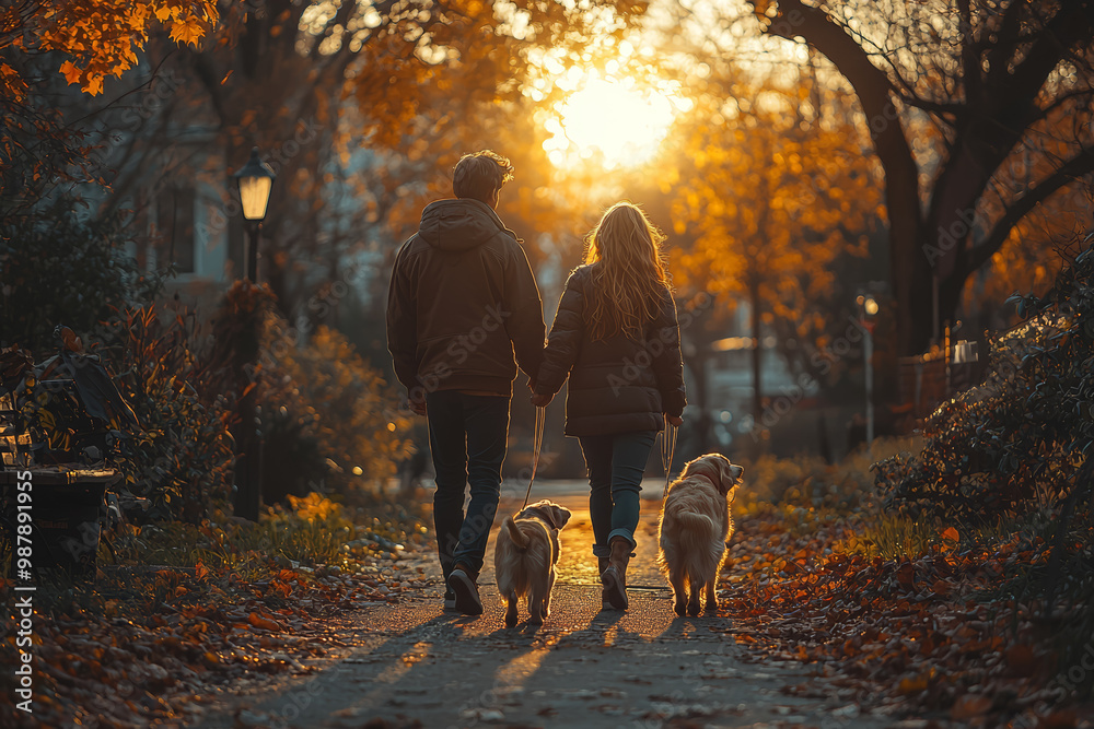 Poster A man and woman having a casual conversation while walking their dogs in a neighborhood park.