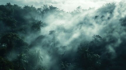Obraz premium A dense forest with foggy mist surrounding the trees. The mist creates a mysterious and eerie atmosphere, making the forest appear almost otherworldly. The trees are tall and lush, with their leaves