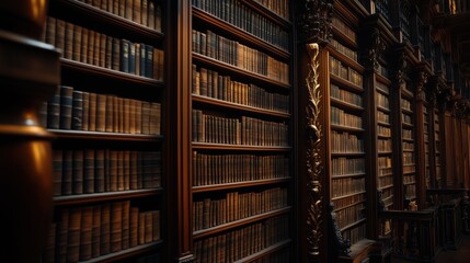 Obraz premium A library with many bookshelves and books. The books are old and the shelves are made of wood. Scene is calm and peaceful, as if one is in a quiet place to read and study