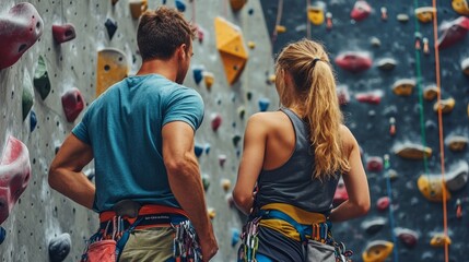 Obraz premium view from behind of a male instructor instructing a female wall climber. At an indoor climbing center, a woman is learning the skill of rock climbing.