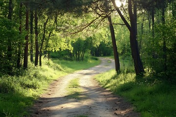 Obraz premium Sunlit path winding through green forest trees, tranquil summer landscape