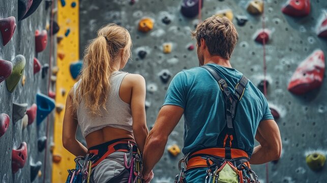 view from behind of a male instructor instructing a female wall climber. At an indoor climbing center, a woman is learning the skill of rock climbing.