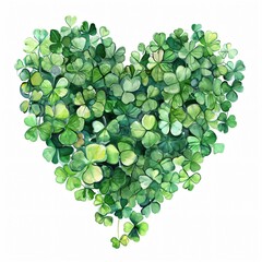 Watercolor shamrocks form a heart shape on a white background.