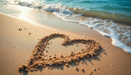  Heart sketched in sand, waves lapping gently, serene romantic beach scene.