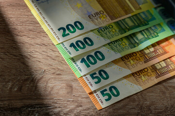 Bundled euro banknotes with selective focus