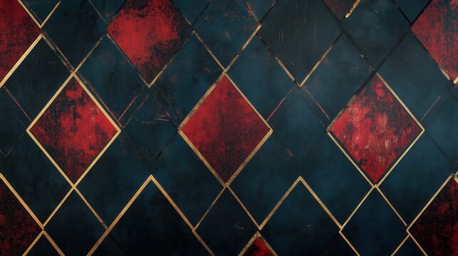 Blue and red patterned background with gold accents. The pattern is made up of squares and triangles