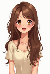 junge Frau mit langen braunen Haaren und fröhlichem Lächeln

