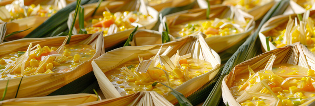 Biodegradable corn husk boats holding corn chowder. Sustainable farm-to-table event setting. with space for text 