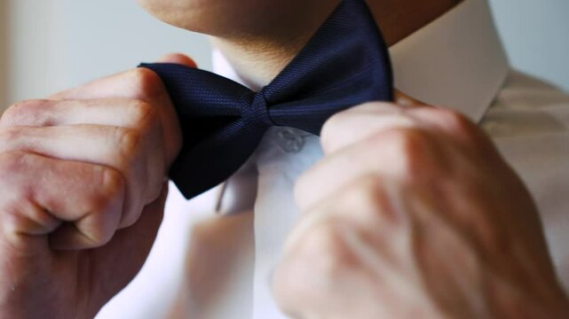 The adult caucasian man used his hands to adjust the dark blue bow tie on the collar of his white shirt. Close-up of dressing and male fashion. Simple preparation for a business day or a wedding