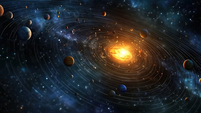 Colorful and vibrant image of the solar system with the sun in the center. The planets are scattered throughout the image, with some closer to the sun and others further away. Scene is one of wonder