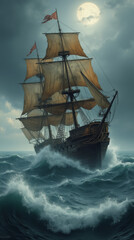 Fototapeta premium Sturm auf See mit einem alten Segelschiff unter Vollmond