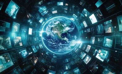 Computer generated image of the earth with a blue background and a large number of images of the earth