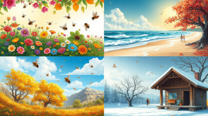 Schöne Jahreszeitenlandschaften in einem Bild

