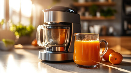 Glass of fresh orange juice and juicer in a sunlit kitchen.