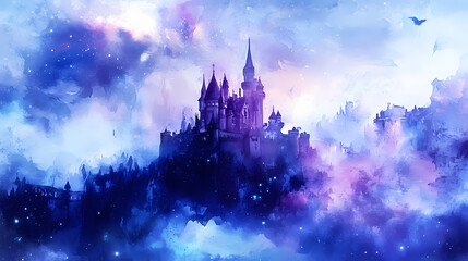 A magical watercolor illustration of a fairy tale castle in fantasy style or visual effects for magical stories. Magical Realm. Illustration