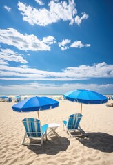 Fototapeta premium neatly organized beach equipment surrounded soft sandy oasis clear blue skies gentle waves background, sky, chairs, umbrellas, towels, buckets, toys