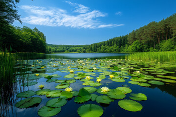 Fototapeta premium A serene lake surrounded by lush greenery, with water lilies floating on the surface and a clear blue sky above.